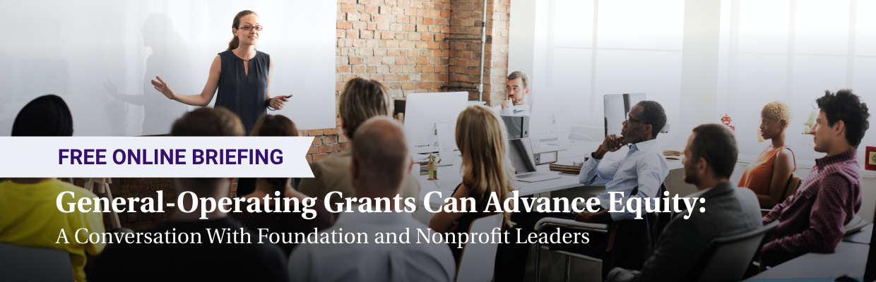 General-Operating Grants Can Advance Equity - Image of of focus group listening to a woman at a whiteboard