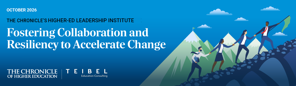 Higher-Ed Leadership Institute Banner | Four Colleagues Climbing a Mountain Together
